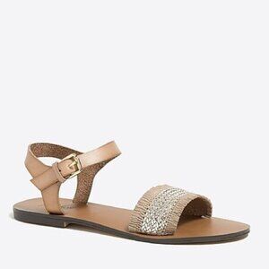 J. Crew Factory Raffia Ankle Strap Sandal Size 10 Boho Metallic Silver Tan Woven